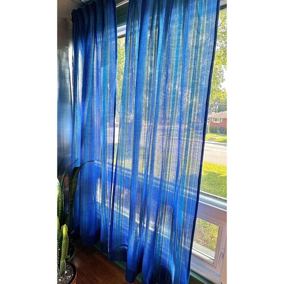 Vintage 70s curtain, blue and green stripes, pleated, price per panel - Picture 3 of 10